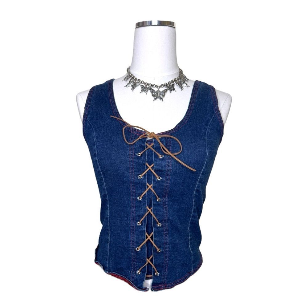 Y2K Solar Blue + Red Sitch Denim Corset Lace-up Style Top Size Large